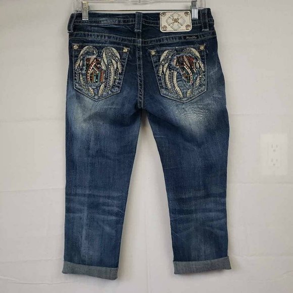 Miss Me Womens Easy Skinny Jeans Blue Cuffed Embroidered Dark Wash Mid-Rise 25 - Picture 1 of 15